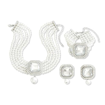 Fashion Bride Silver Black Green Bridal Layered Rhinestone Crystal 1920s Faux Pearls Necklace Earrings Bracelet Set Crystal Wedding Jewelry Set Rose Red Square Choker Necklace for Women - color: Silver