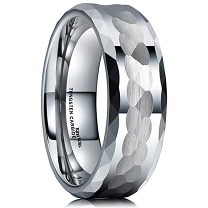 King Will Hammered 8mm Silver Tungsten Ring Hammer Men Wedding Band Comfort Fit - color: Multi-Faceted