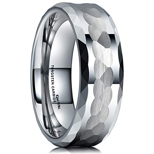 King Will Hammered 8mm Silver Tungsten Ring Hammer Men Wedding Band Comfort Fit - color: Multi-Faceted