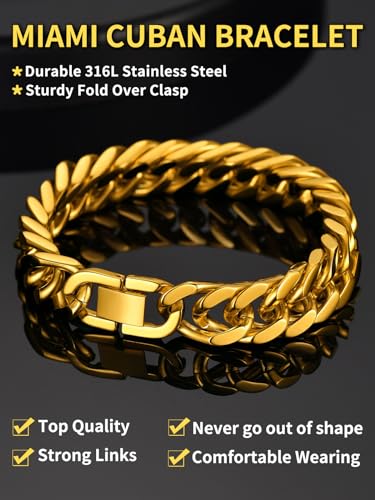 ChainsHouse Stainless Steel Cuban Link Bracelet, 6mm/8mm/12mm/17mm Width, 7.5"/8.3"/9", Black/ 18K Gold Plated Chain Wrist Bracelets for Men Women, Send Gift Box - color: N: Gold-12mm width