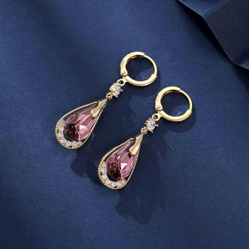 Trendy Austrian Crystal Teardrop Drop Huggie Dangle Earrings for Women 14k Rose Gold Plated Hypoallergenic Jewelry Gifts - color: Antique Pink