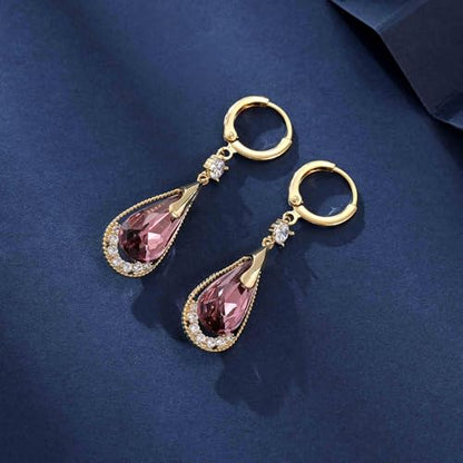 Trendy Austrian Crystal Teardrop Drop Huggie Dangle Earrings for Women 14k Rose Gold Plated Hypoallergenic Jewelry Gifts - color: Antique Pink