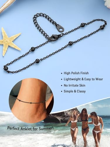 FaithHeart Waterproof Ankle Bracelets for Women, 1/2/3Pcs Non Tarnish Stainless Steel Layered Anklet Set Paperclip Figaro Cuban Link Chain Dainty Summer Beach Jewelry Gift Adjustable Size - style: a.Bead - Black
