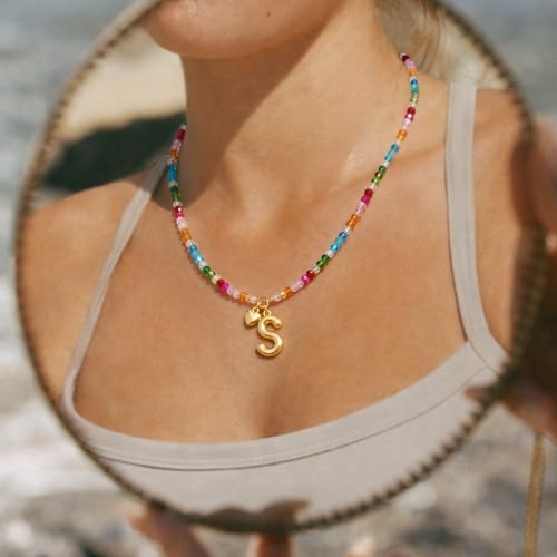 Initial Necklace for Women Colorful Beaded Necklaces Initial Heart Bubble Letter Necklace Summer Necklace Jewelry Gift - color: S