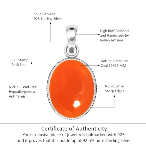 Chunky Natural Gemstone Pendant Necklace For Women Onyx, Turquoise, Amber, Garnet Oval Boho Genuine 925 Sterling Silver Handmade Jewelry - color: Carnelian