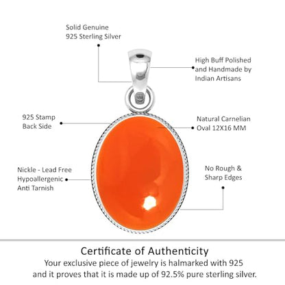 Chunky Natural Gemstone Pendant Necklace For Women Onyx, Turquoise, Amber, Garnet Oval Boho Genuine 925 Sterling Silver Handmade Jewelry - color: Carnelian