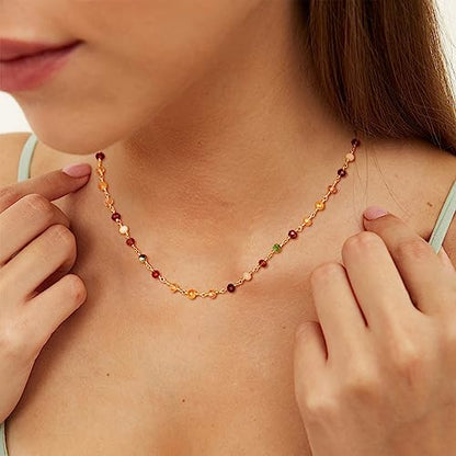 MTMY Beaded Necklaces for Women 14K Gold Plated Dainty Colorful Green/Rose Beaded Pearl Choker Necklace Delicate Boho Choker Necklace Jewelry Gift - style: Mixed color beads