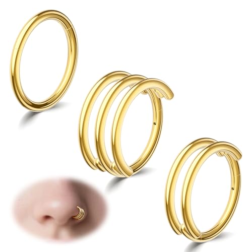 davka Nose Ring Set, 18G Hinged Hoop 8mm & 20G Nose Studs, Stainless Steel & Gold Plated, Hypoallergenic, Multiple Styles Nose Piercing Jewelry - color: Gold/3Pcs Hoops/18gauge 8mm/Set-C