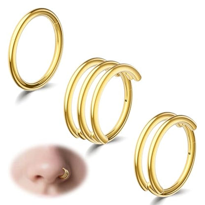 davka Nose Ring Set, 18G Hinged Hoop 8mm & 20G Nose Studs, Stainless Steel & Gold Plated, Hypoallergenic, Multiple Styles Nose Piercing Jewelry - color: Gold/3Pcs Hoops/18gauge 8mm/Set-C