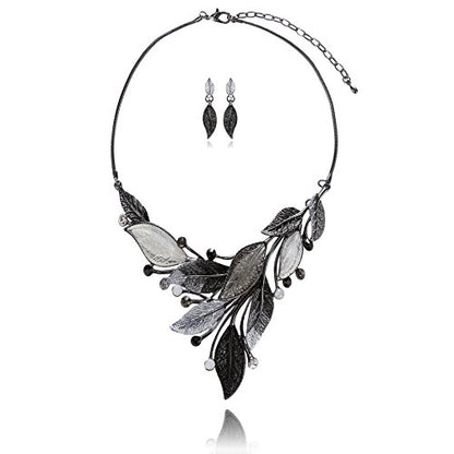 AMYJANE Vintage Statement Jewelry Set - Spring Leaf Flower Floral Plant Necklace Earring Set Crystal Rhinestone Fashion Costume Jewelry for Women Prom Party Unique Gift - style: Grey Leaves Jewelry Set