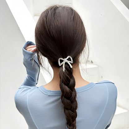 Bow Hair Ties for Women Gold Silver Metal Hair Tie for Girls Elegant Elastics Rubber Hair Scrunchies for Long Thick Bowknot Ponytail Holder Christmas Gifts Bow Hair Accessories 2Pcs