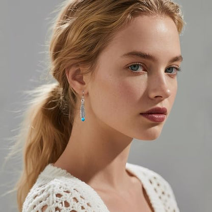 Bohemian Silver Feather Dangle Earrings for Women | Hypoallergenic Silver Turquoise Drop Dangle Earrings with Western Boho Jewelry