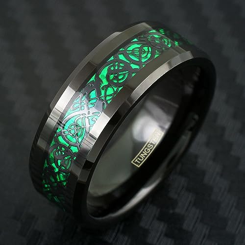 Engraved Personalized 6mm/8mm Polished Black Tungsten Carbide Band Ring w/Black Celtic Dragon on Iridescent Kelly Green Faux Carbon Fiber Inlay.