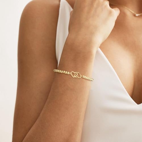 Beaded Bracelets for Women 14K Silver Gold Plated Stretch Handmade Ball Bracelets Cute Charm Bracelet Dainty Stackable Cross Heart Bow Wave CZ Circle Trendy Jewelry Easter Gifts - color: double-heart