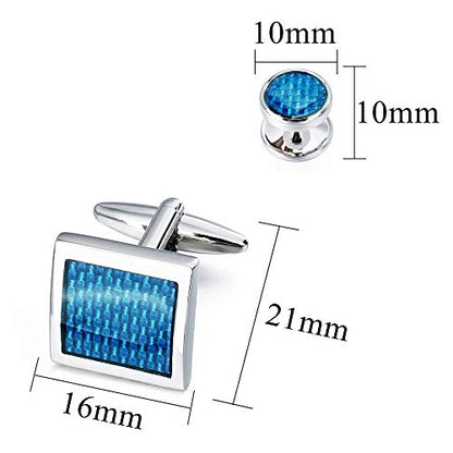 Mens Cufflinks and Tuxedo Studs Set in Gift Box (Carbon Fiber), Jewelry or Accessories in Gold Silver Black Tone, Matching with Shirts Vest and Bow tie, Suitable for Birthday Wedding Anniversary - color: Sky blue