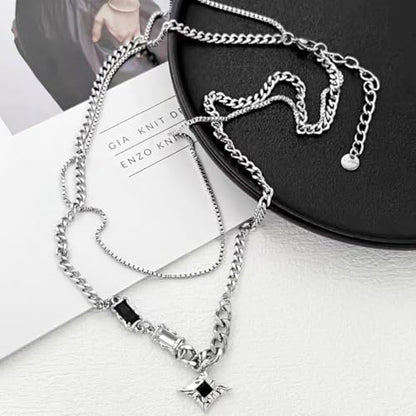 Gothic Cross Star Necklace For Men Women Silver Stainless Steel Cuban Link Paperclip Figaro Bead Chain Punk Kpop Y2k Goth Irregular Layered Cross Pendant Necklace Non Tarnish Jewelry Gift - color: Silve--Star Layered Necklace