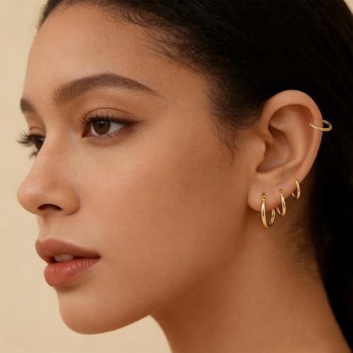 4 Pairs Gold Silver Small Hoop Earrings Huggie for Women Surgical Steel Set | 10/12/14/16 mm, Hypoallergenic, Lightweight Hoop Earrings Set, 14K Gold Silver 316L Stainless Steel, Multiple Piercings - color: Gold/4 Pairs