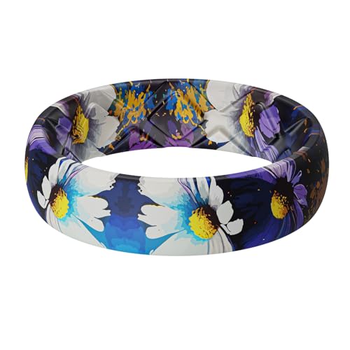 Egnaro Silicone Statement Ring Women, Floral Patterned Rubber Wedding Band | 5.2mm Wide 2mm Thick Printed Style, Inner Arch and Breathable X Grooves for Gym Workout Travel Work Pregnancy Daily Wear - color: O-Daisy