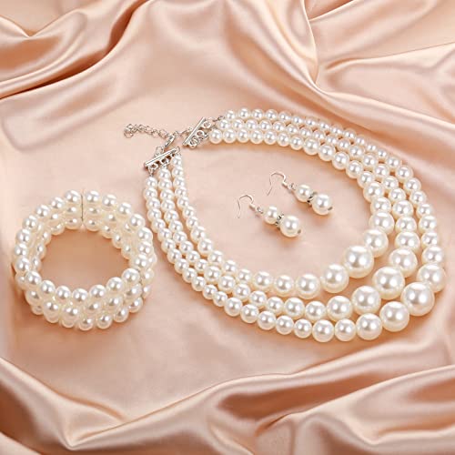Haysandy Pearl Jewelry Set for Women 20s Jewelry Gift | Retro Layered Necklace Bracelet Earring, Costume Accessories for Derby Wedding Prom Party, Dress Matching Occasions - color: Beige