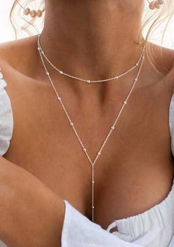 Lariat Necklace for Women, Dainty Long Necklaces, 14k Gold/Silver Plated Y-Shaped Drop Chain Necklace, Simple Layered Necklaces, Trendy Jewelry Gifts - style: Y Layered Bead Necklace-Silver
