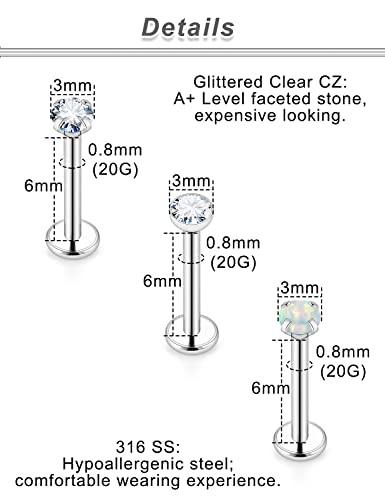 20G 18G 16G Push in Theadless Nose Rings Studs Hypoallergenic Lip Labret Jewelry Flat Back Nose Stud Stainless Steel Cartilage Helix Tragus Earrings for Women Men 6mm 7mm 8mm Bars Diamond 3mm - color: A:20G-Push in-Bar 6mm