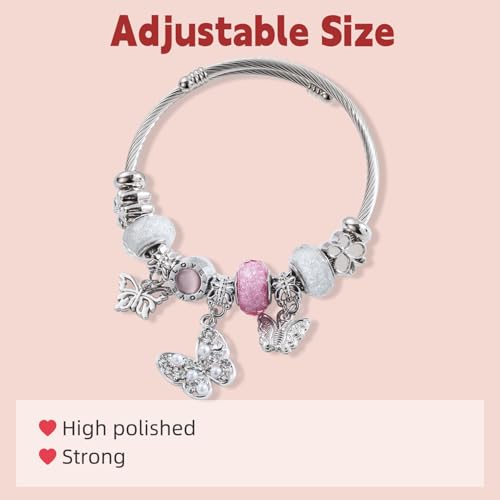 Charm Bracelets for Womens,Exquisite Cute Cartoon Friendship Silver Bracelets Stainless Steel Bangle, Womens Jewelry Suitable for Holiday Gifts and Birthday Gifts - color: Pink Bracelet