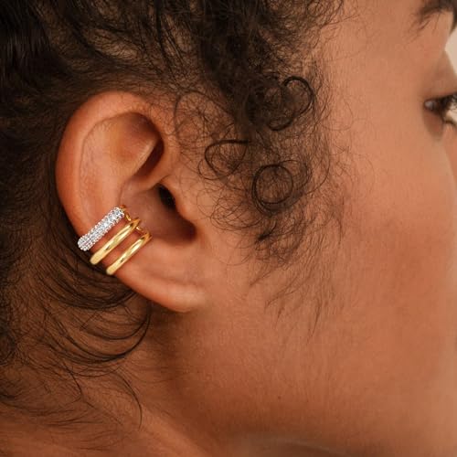 Sparkle Ear Cuff for Women, Non Piercing Single | 14K Gold Plated Brass, Clear Cubic Zirconia Accents, Fixed 3.8-3.9 mm Opening, Single Non-Piercing Cuff For Ear Stacks - style: Sparkle Split Trio