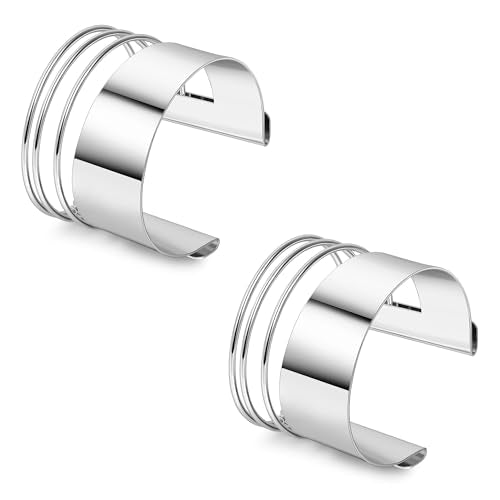 2Pcs Cuff Bangle Bracelet for Women Open Wide Bangle Bracelet Set | minimalist statement bangle bracelets，wrist cuff wrap bracelet adjustable，open wide wire grooved hammered bracelet set - color: 2PCS-Sliver-F