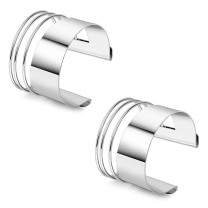 2Pcs Cuff Bangle Bracelet for Women Open Wide Bangle Bracelet Set | minimalist statement bangle bracelets，wrist cuff wrap bracelet adjustable，open wide wire grooved hammered bracelet set - color: 2PCS-Sliver-F