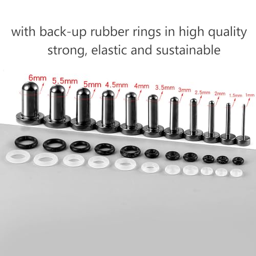 Casvort 22 PCS/16 PCS Hypoallergenic 18G-1'' Comfy Dead Stretching Plugs in 0.5mm Increments Saddle Plugs with Rubber Rings 316 Surgical Stainless Steel Crazy Ear Gauges Body Piercing Jewelry - color: Black 1-6mm 22 PCS