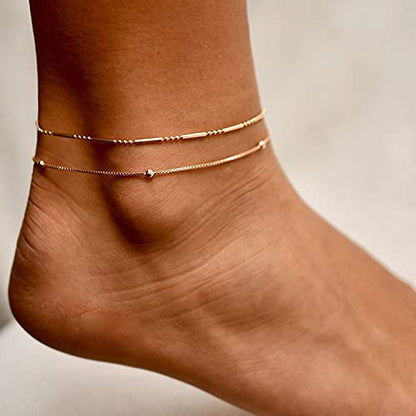 Pencros Dainty Layered Anklet,14K Gold Filled Cute Beads Satellite Chain Heart Boho Adjustable Anklets for Women - color: Layer Big Bead Gold