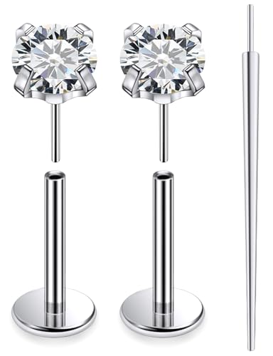 20G 18G 16G F136 Titanium Threadless Flat Back Earrings Nose Studs Tragus Forward Helix Conch Cartilage Lobe Earrings Medusa Labret Snake Bite Monroe Lip Ring Piercing Jewelry For Women Men - size: 16G-8MM Bar-CZ 4MM