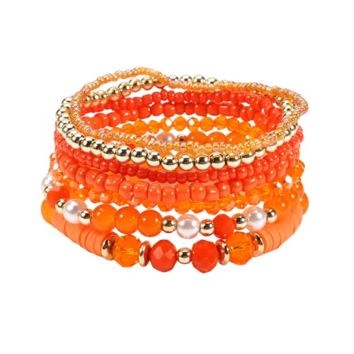 7Pcs Bohemia Multilayer Stackable Crystal Beaded Bracelet Set Multicolor Surfer Heishi Clay Gold Beaded Friendship Stretch Bracelets for Women Men Summer Beach Boho Vacation Jewelry Gifts - color: Z-Orange