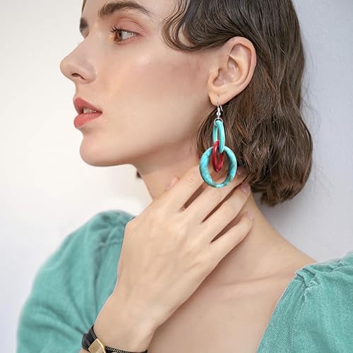 Bohemian Simplicity Acrylic Geometry Oval Circle Dangle Drop Earrings Lightweight Resin Chain Hook Earrings For Women - color: Blue Red