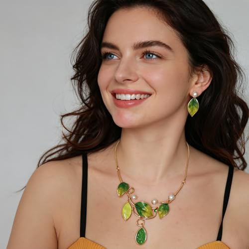Vintage Statement Jewelry Set - Chunky Flower Floral Plant Geometric Resin Bib Necklace Earring Set Bohemian Boho Crystal Rhinestone Fashion Jewelry for Women Bridal Party Prom Unique Gift - style: MLJS2609-Green