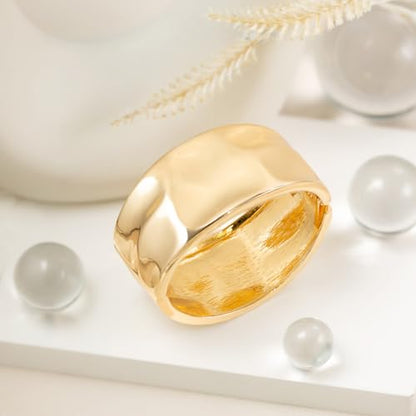 HZMAN Chunky Gold Cuff Bracelets for Women Thick Wide Bangle Bracelet Hammered Open Hinge Wrist Cuff Bracelet Jewelry Gift - color: 01.Hammered Gold