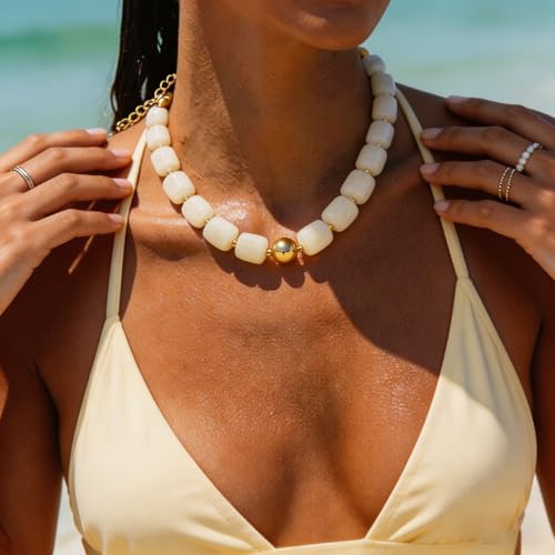 Colorful Statement Chunky Beaded Necklace for Women Large Square Resin Beads Y2K Trendy Bold Summer Vacation Boho Choker Jewelry - color: White
