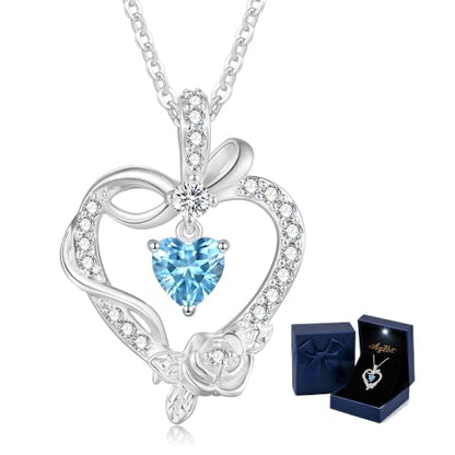 Heart Birthstone Necklace, LED Gift Box | Heart birthstone necklace with rose CZ pendant and LED gift box, ready-to-gift birthday gift for mom, wife, grandma, sister - color: White Gold 03-Mar Sea Blue