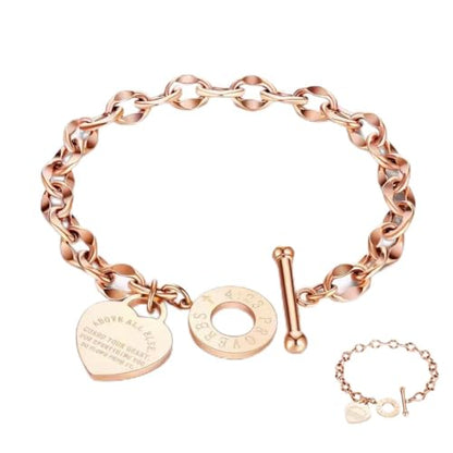 Heart Charm Bracelet Plated 18K Gold/Silver/Rose Gold Bible Scripture Heart Bracelet for Women Jewelry Gift Zircon Her Link Chain OT Clasp Stainless Steel Birthday - color: Rose Gold, size: 7.1 inch