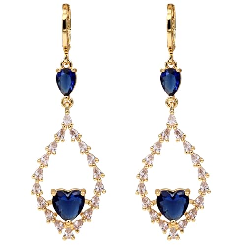 18K Gold Plated Flower Dangle Earrings for Women, Hypoallergenic Cubic Zirconia Earrings, Elegant CZ Drop Earrings, Statement Jewelry Gifts Party Fashion - style: OBS7508-Navy