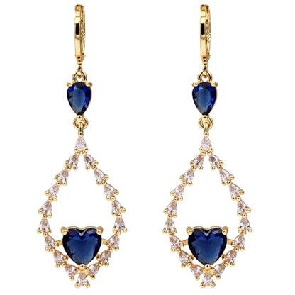 18K Gold Plated Flower Dangle Earrings for Women, Hypoallergenic Cubic Zirconia Earrings, Elegant CZ Drop Earrings, Statement Jewelry Gifts Party Fashion - style: OBS7508-Navy