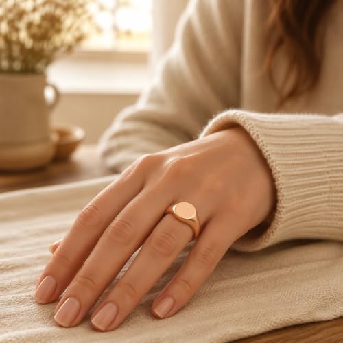 MYNENEY Stainless Steel Round Statement Pinky Signet Rings for Men Women - color: Custom-Rose Gold