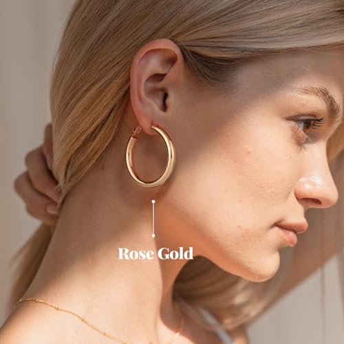 SHOWNII Chunky Gold Hoop Earrings - 14K Gold Plated Earrings for Women Hollow Tube Lightweight Thick Hoops 20/25/30/40mm Valentines Graduation Mother's Day Birthday Gifts - color: 40 Millimeters-Rose Gold Plated