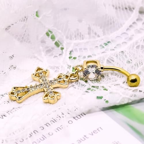 VERAMI 14G 316L Celtic Cross Belly Button Ring Surgical Steel Paved Gems Dangling Belly Button Ring Body Piercing Jewelry - color: Gold:C-5