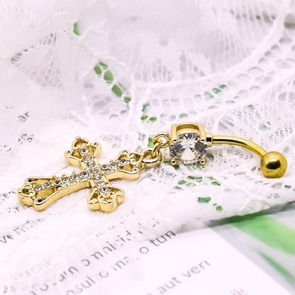 VERAMI 14G 316L Celtic Cross Belly Button Ring Surgical Steel Paved Gems Dangling Belly Button Ring Body Piercing Jewelry - color: Gold:C-5