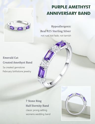 3.5mm Half Eternity Band Sterling Silver Rings for Women Sapphire/Ruby/Emerald and Cz Wedding Bands 7 Stone Stackable Birthstone Ring Anniversary Jewelry Size 6-10 - color: 02-Amethyst-Feb.