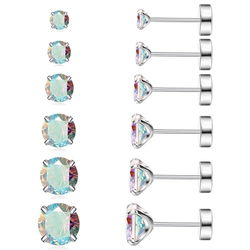 6 Pairs Surgical Steel Flat Back Earrings | CZ Stud Set | Hypoallergenic 316L Surgical Steel • Flat Back Threaded Studs for Cartilage, Helix & Lobe • 6 Mixed Sizes (3-8mm) - color: Flatback-Rainbow CZ