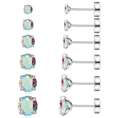6 Pairs Surgical Steel Flat Back Earrings | CZ Stud Set | Hypoallergenic 316L Surgical Steel • Flat Back Threaded Studs for Cartilage, Helix & Lobe • 6 Mixed Sizes (3-8mm) - color: Flatback-Rainbow CZ