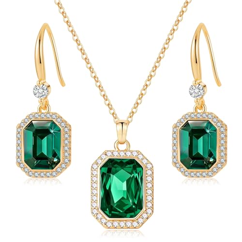 EVEVIC Octagon Austrian Crystal Necklace and Earrings Jewelry Set for Women | 14K Gold-Plated,Octagon-Cut Crystal with CZ Halo Shine,Adjustable Chain Fit,Elegant Sets for Weddings and Galas,Gift Box - color: Emerald
