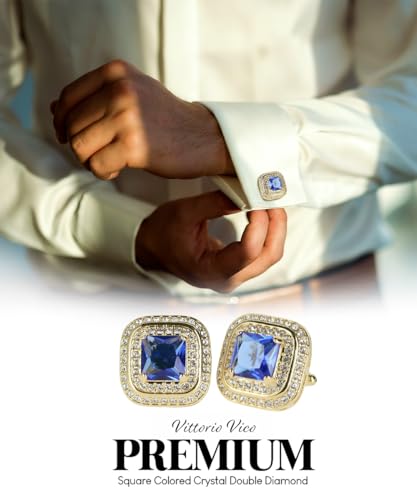 Square Colored Crystal Double Diamond Set Cufflinks - color: Royal/Gold